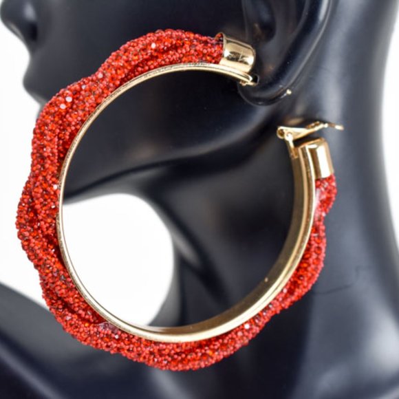 3" Boho Braid Twist Red Rhinestone Hoop Earrings - Picture 2 of 13